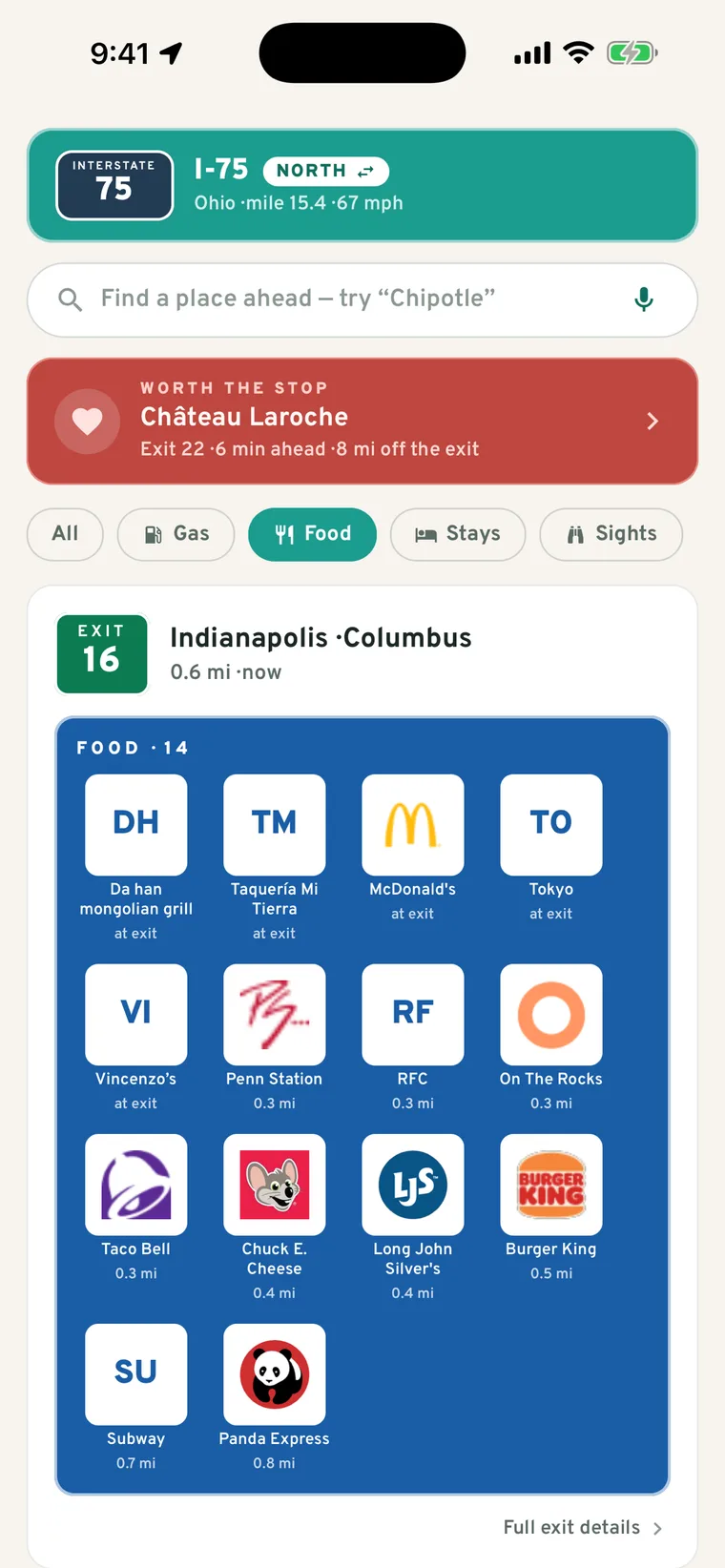 Food filter: exits become blue logo boards with restaurant brand logos and distances