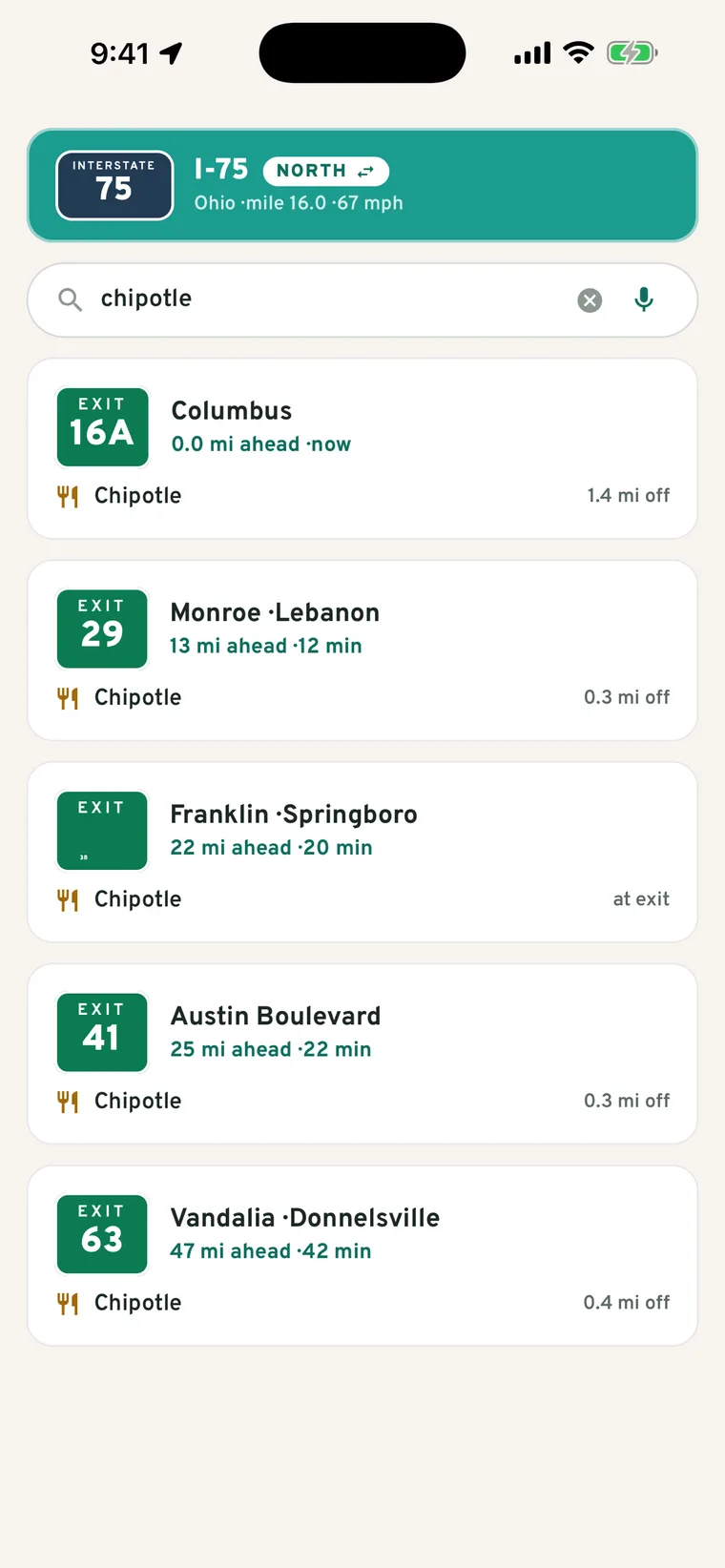 Search results for Chipotle: the next five exits with one, with miles and minutes