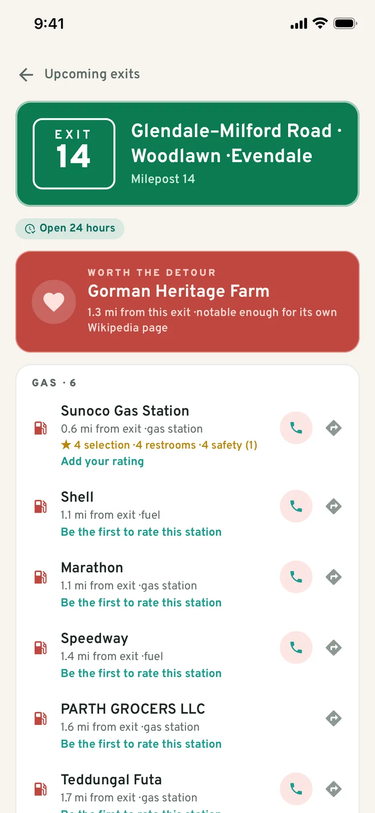Exit 14 detail: gas stations with community star ratings for selection, restrooms, and safety — and a tap-to-call button on every place